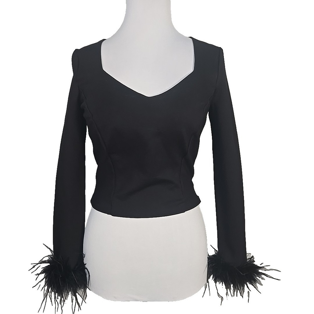 FORE Black Ponte-Knit Long Sleeve Side-Zip Cropped Top Feather Trim Small S